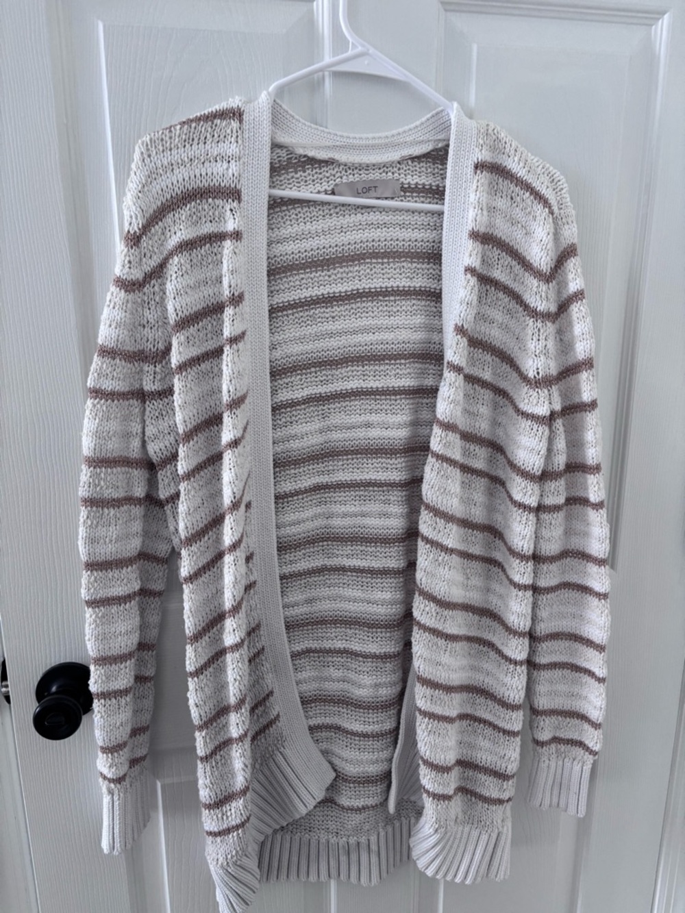 LOFT Women’s Cream Open-Front Cardigan with Brown and Gold Stripes